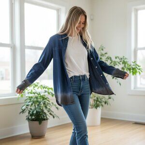 Madewell Navy Long Sleeve Button Down Shirt with Tie Dye Hem - Size S